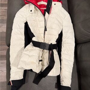Moncler Women's White and Black Ski Jacket with Red Accents